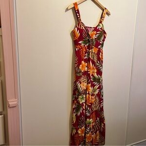 Tropical Red Floral Maxi Dress – S/M (Estimated) vacay resort beach flowy tiki